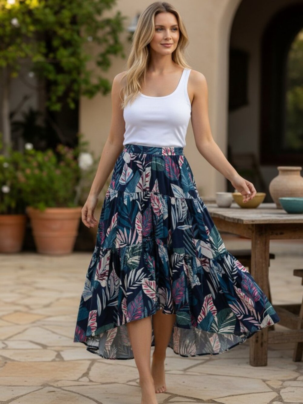 Elie Tahari Women's Blue Multi Resort Ruffled Hi Low Skirt Size Medium NWOT